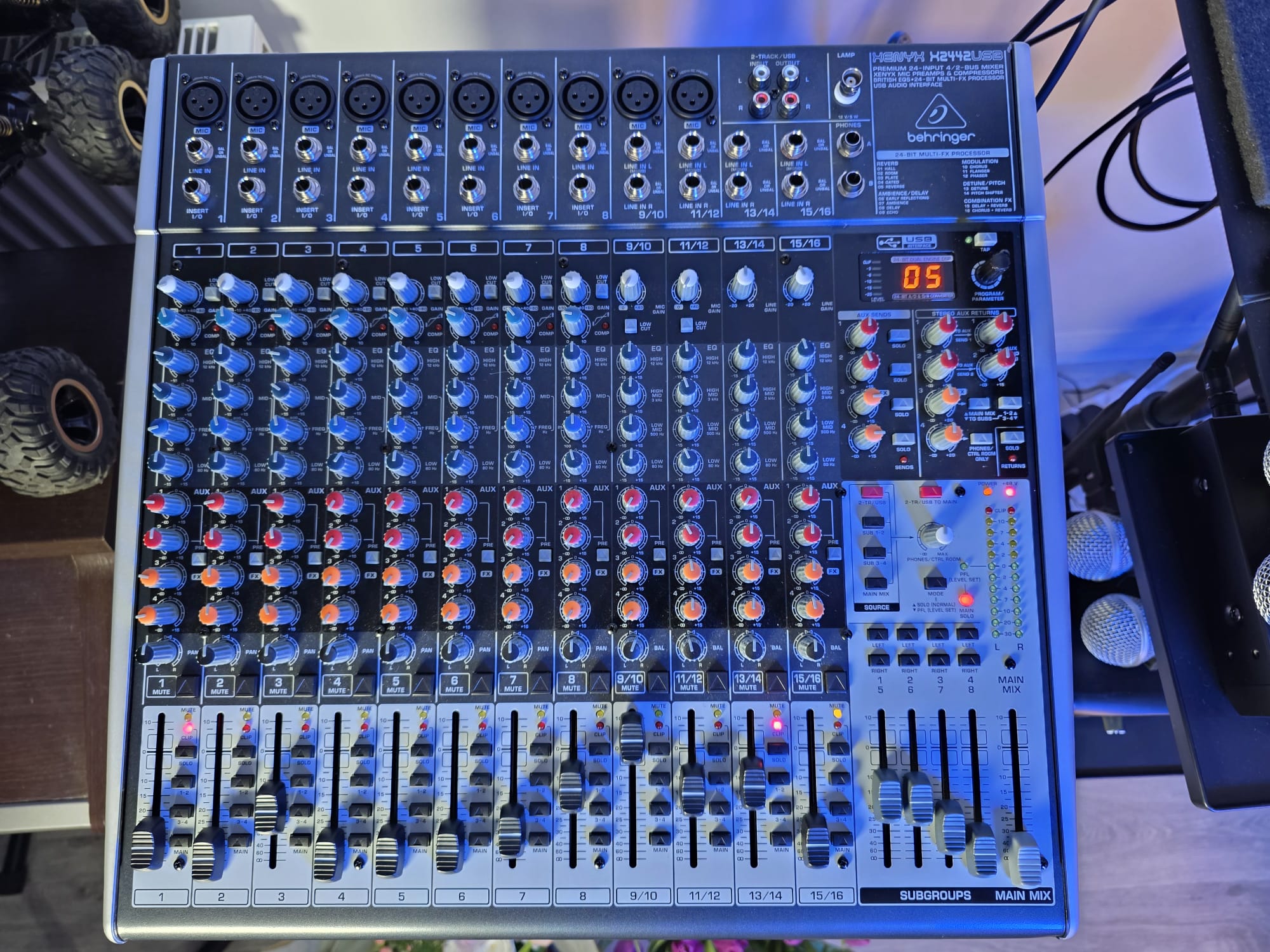 Close-up of professional audio mixing desk