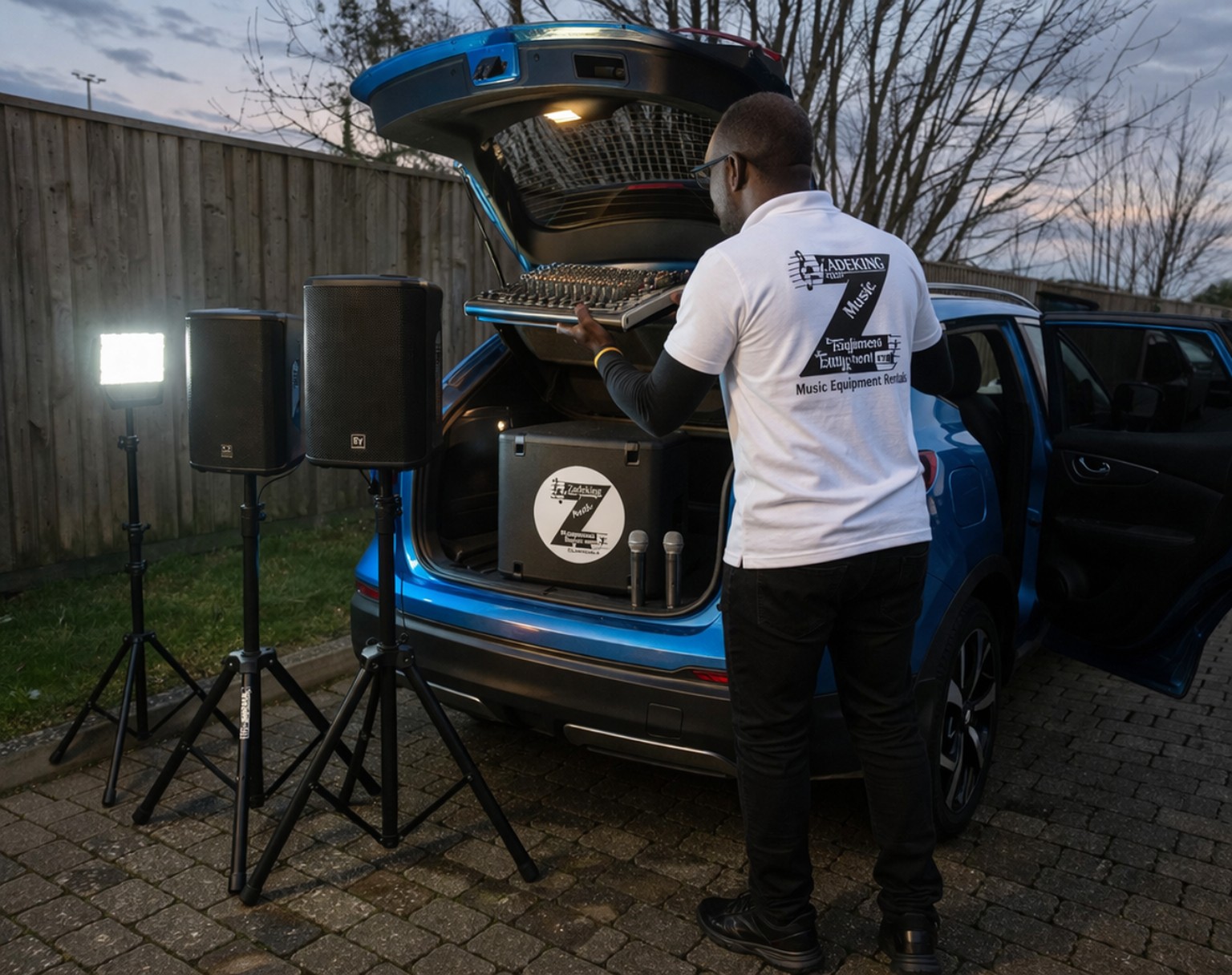 Loading speakers and audio gear from vehicle for an event