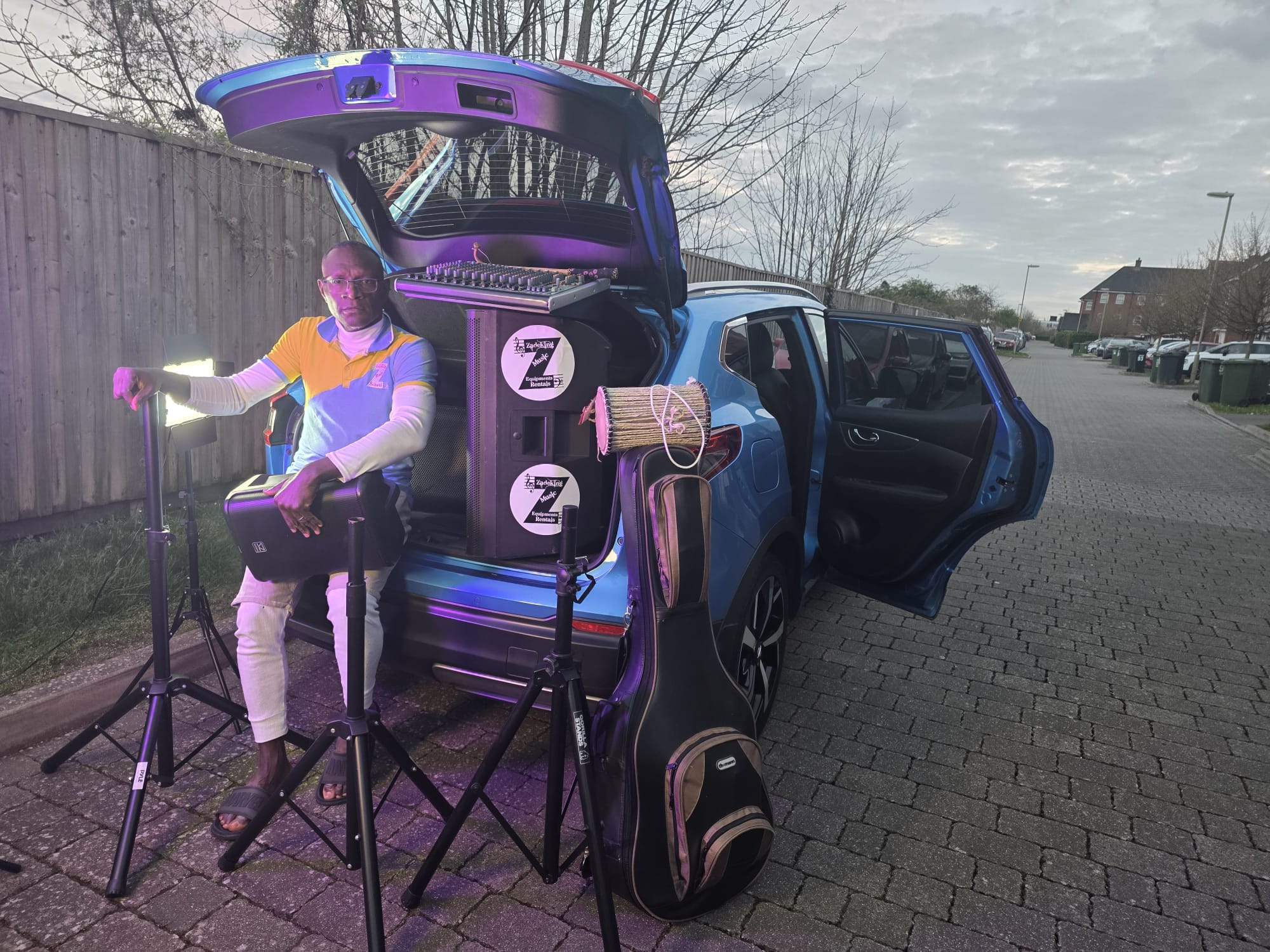 Zadeking owner with sound equipment and lights on stands ready for delivery