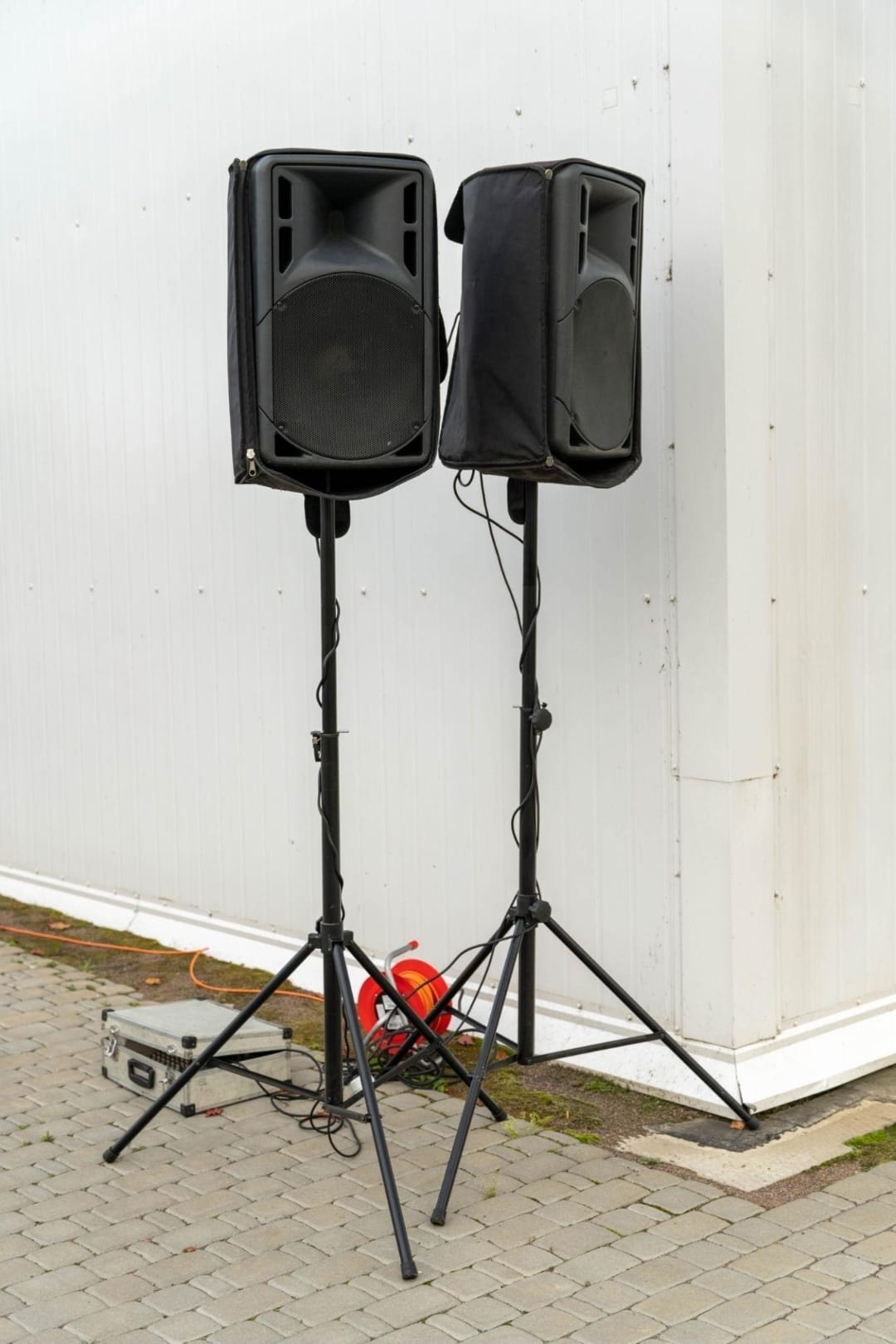 PA speakers on stands ready for an event